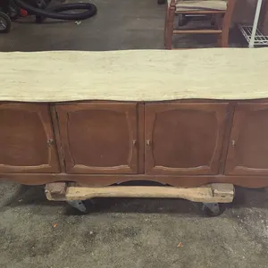 Wooden Coffee Table with Storage, Cream Marble Top & Four Doors