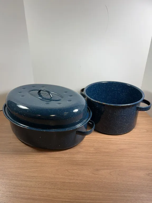 Blue Speckled Enamelware Roasting Pan and Stock Pot Set