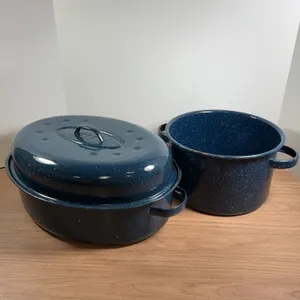 Blue Speckled Enamelware Roasting Pan and Stock Pot Set