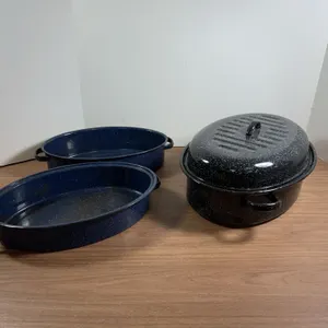 Three Oval Enamel Roasting Pans with Lids