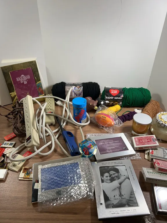 Household Lot: Frames, Power Strips, Yarn, Playing Cards