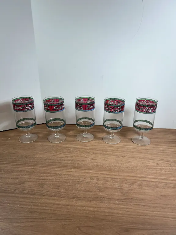 5 Coca-Cola Stained Glass Pattern Stemmed Glasses