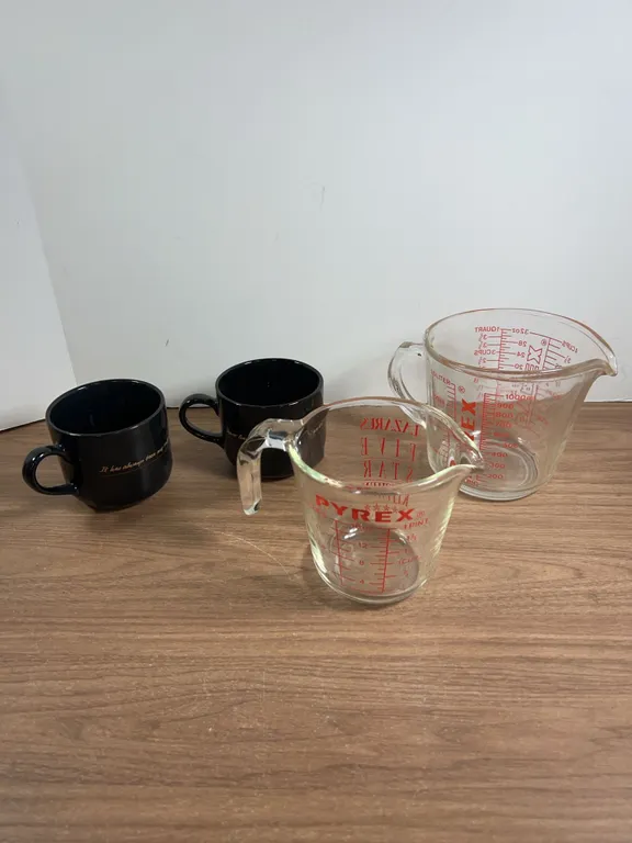 Pyrex Glass Measuring Cups and Benson & Hedges Mugs