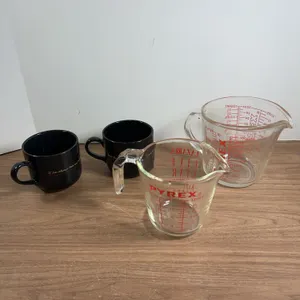 Pyrex Glass Measuring Cups and Benson & Hedges Mugs