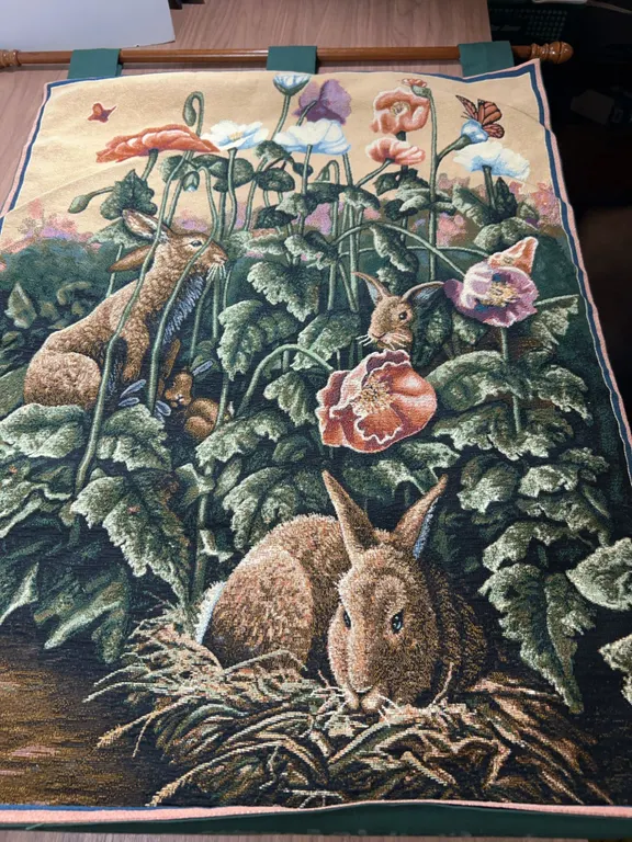 Woven Tapestry Wall Hanging with Rabbits and Flowers