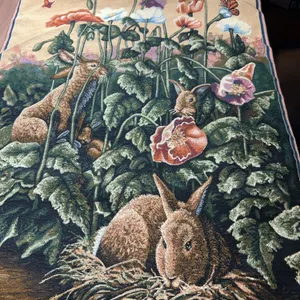 Woven Tapestry Wall Hanging with Rabbits and Flowers