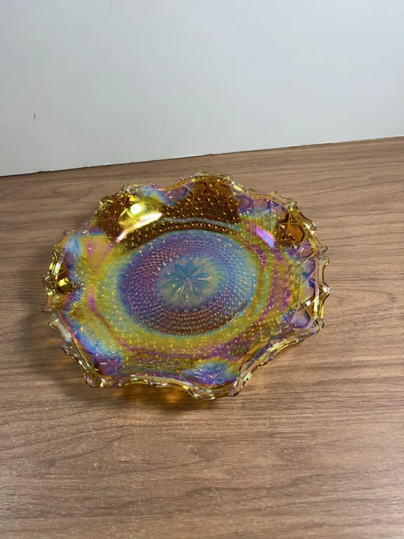 Iridescent Pressed Glass Bowl with Scalloped Edge