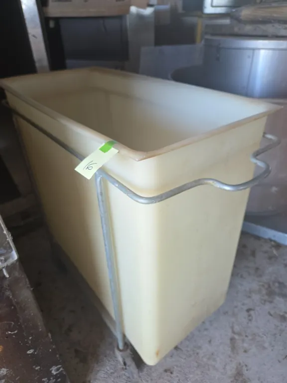 Large vintage plastics dry ingredient bin on rolling cart