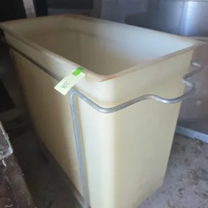 Large vintage plastics dry ingredient bin on rolling cart