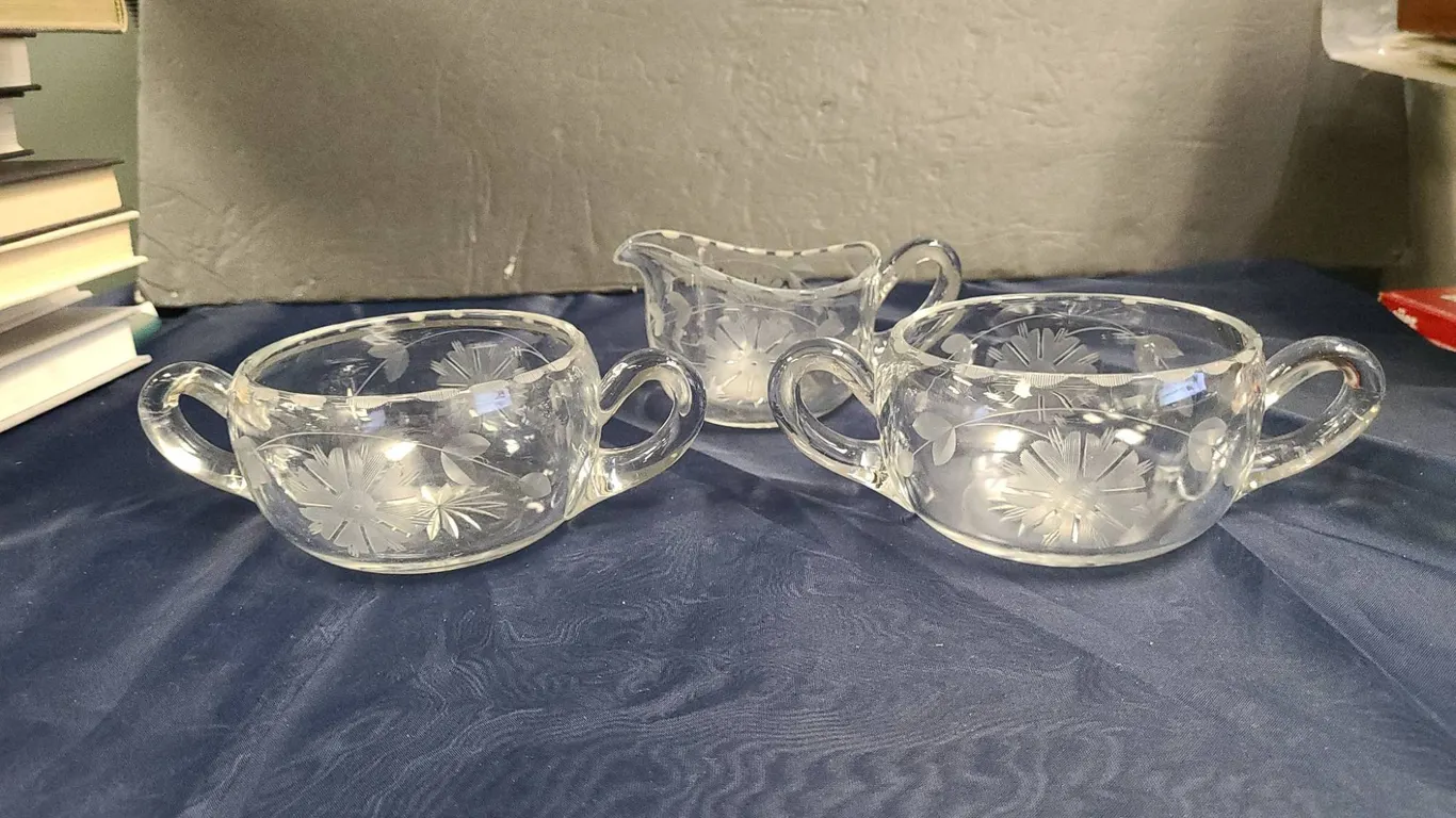 Three-Piece Clear Etched Glass Sugar and Creamer Set