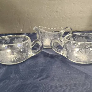 Three-Piece Clear Etched Glass Sugar and Creamer Set
