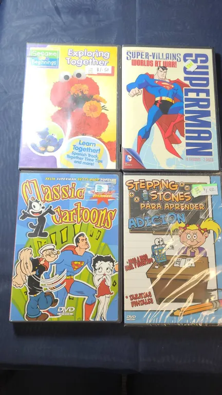4 DVDs: Sesame, Superman, Cartoons, Stepping Stones