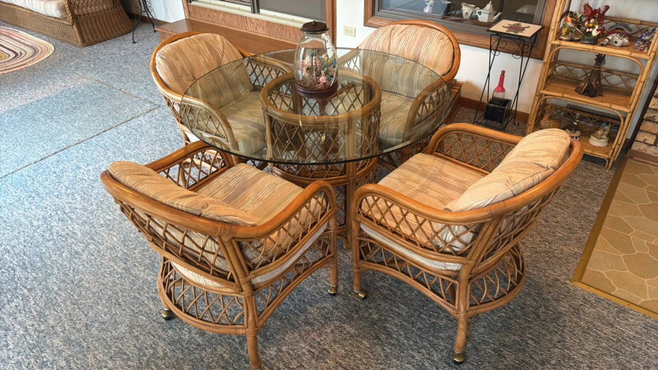 WICKER BY HENRY LICK TABLE AND 4 CHAIRS