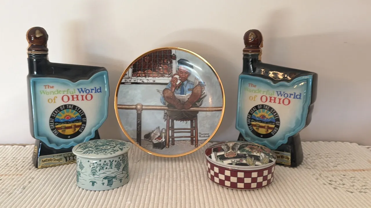 NORMAN ROCKWELL PLATE, OHIO WHISKEY BOTTLES, AND CANDY DISHES