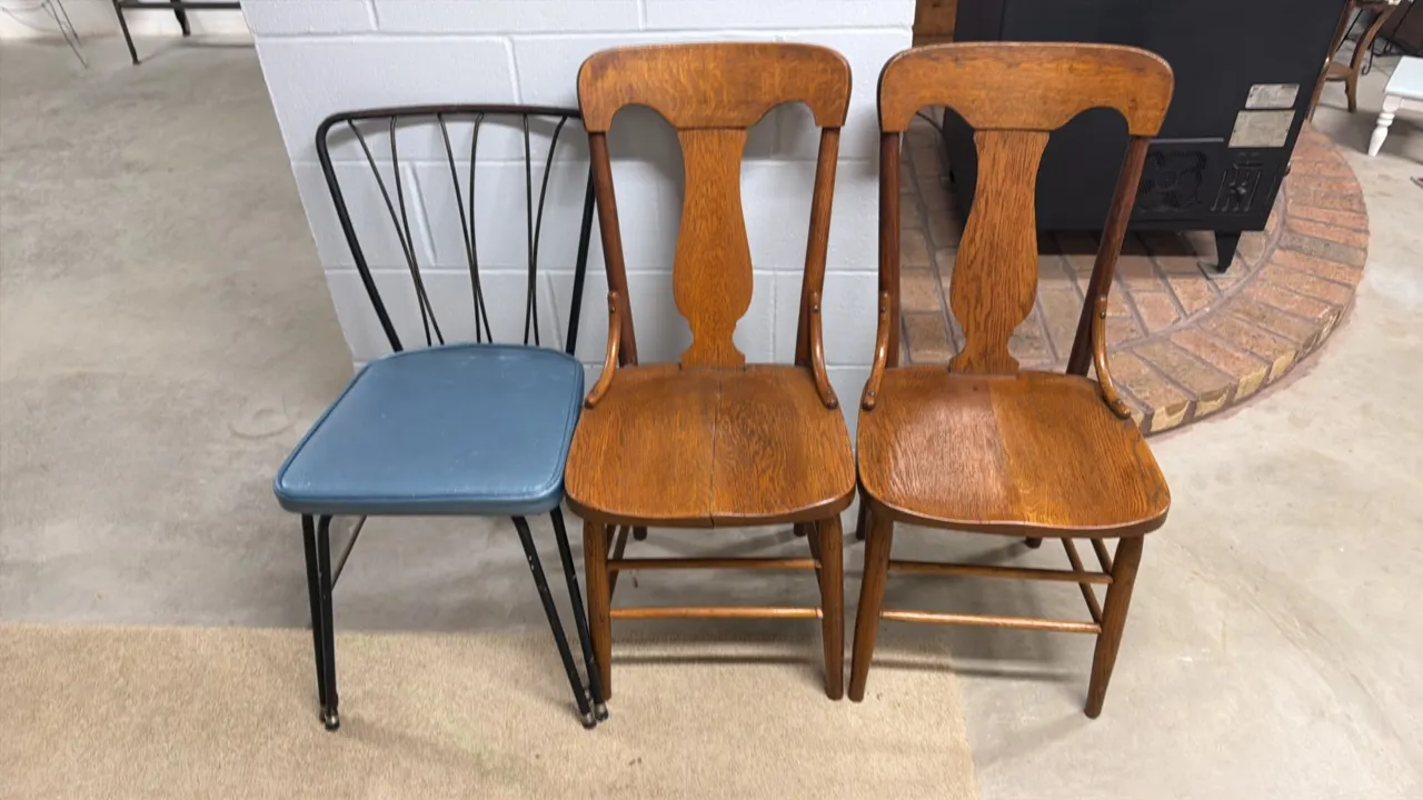 MATCHING PAIR WOOD CHAIRS AND STEEL FRAME CHAIR