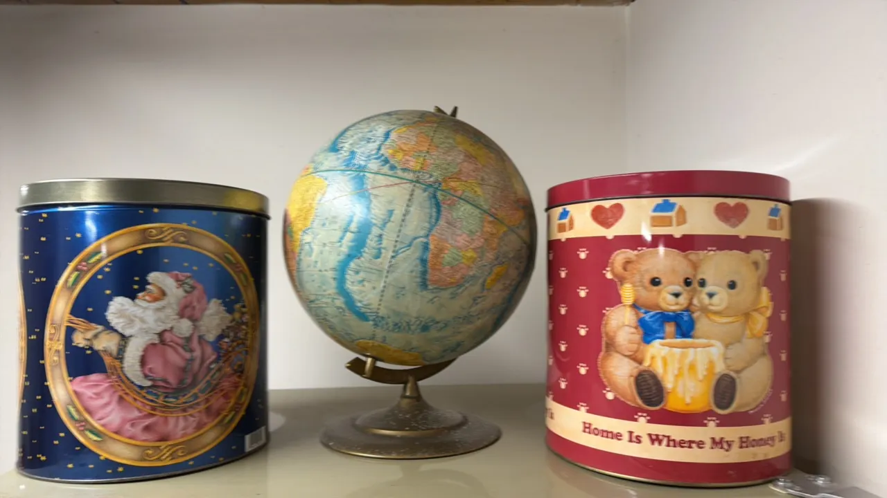 WORLD GLOBE AND LARGE TINS