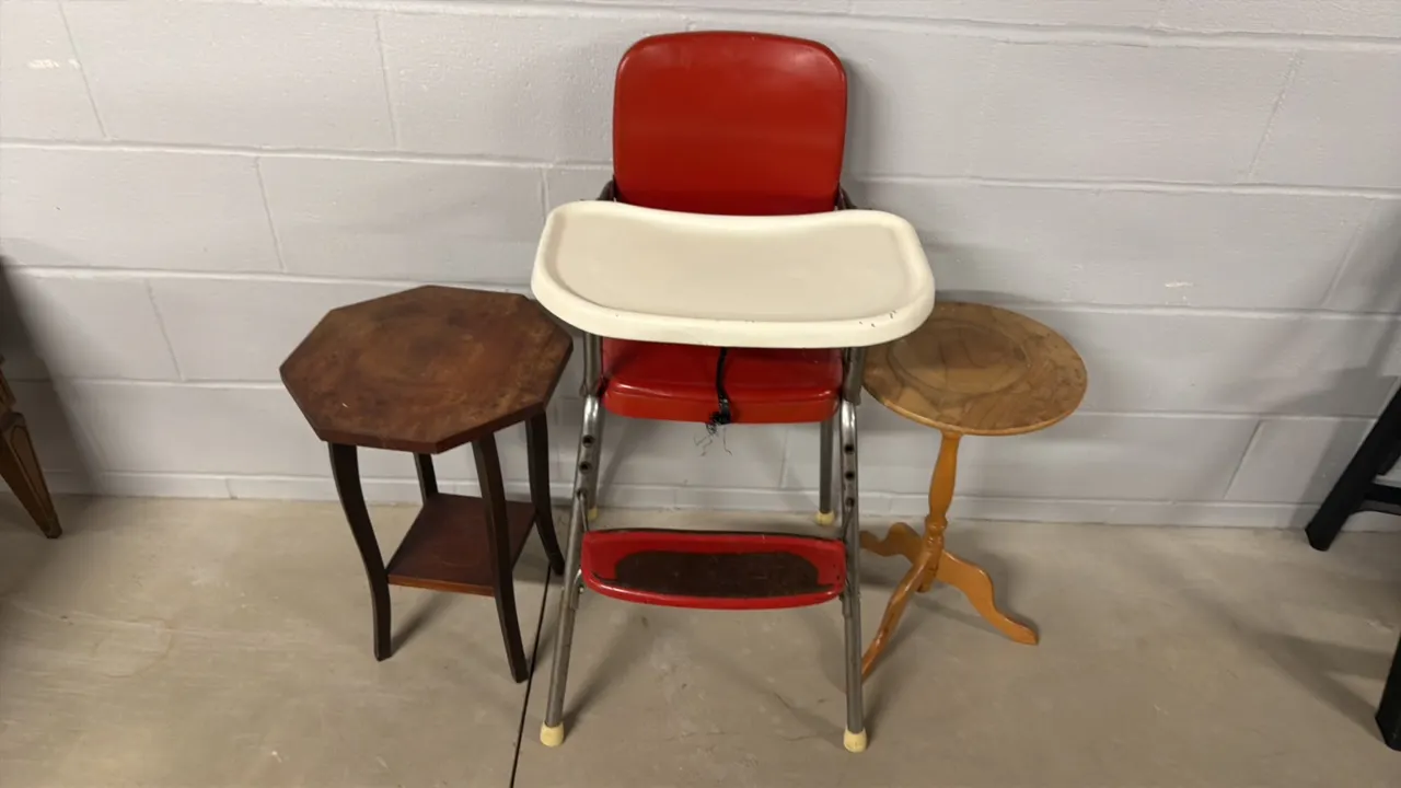 VINTAGE HIGH CHAIR AND PAIR OF WOOD END TABLES