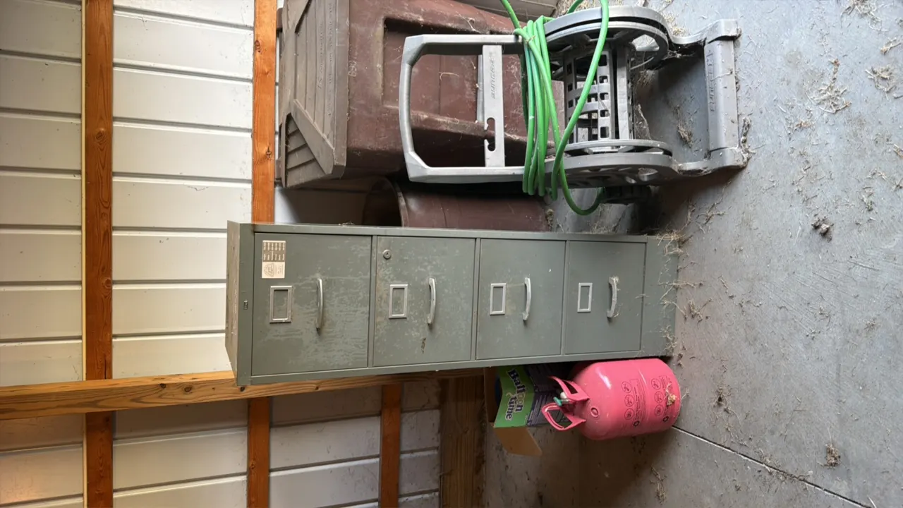 TALL 4-DRAWER FILE CABINET, HOSE REEL, 2-BALLOON TIME HELIUM TANKS