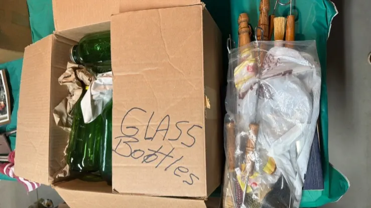 VINTAGE EMERALD GREEN GLASS BOTTLES AND GRILL/CAMP UTENSILS