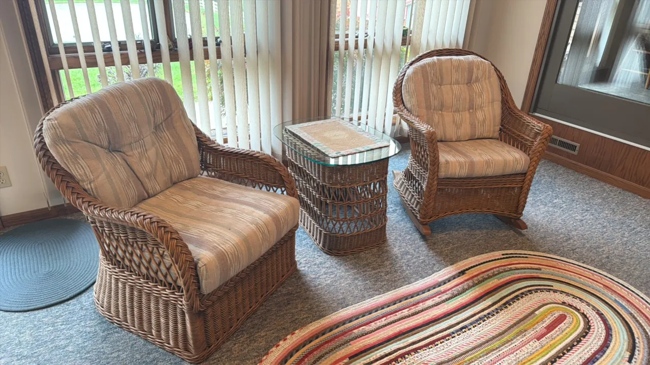 WICKER BY HENRY LICK ACCENT CHAIR, ROCKER, AND END TABLE