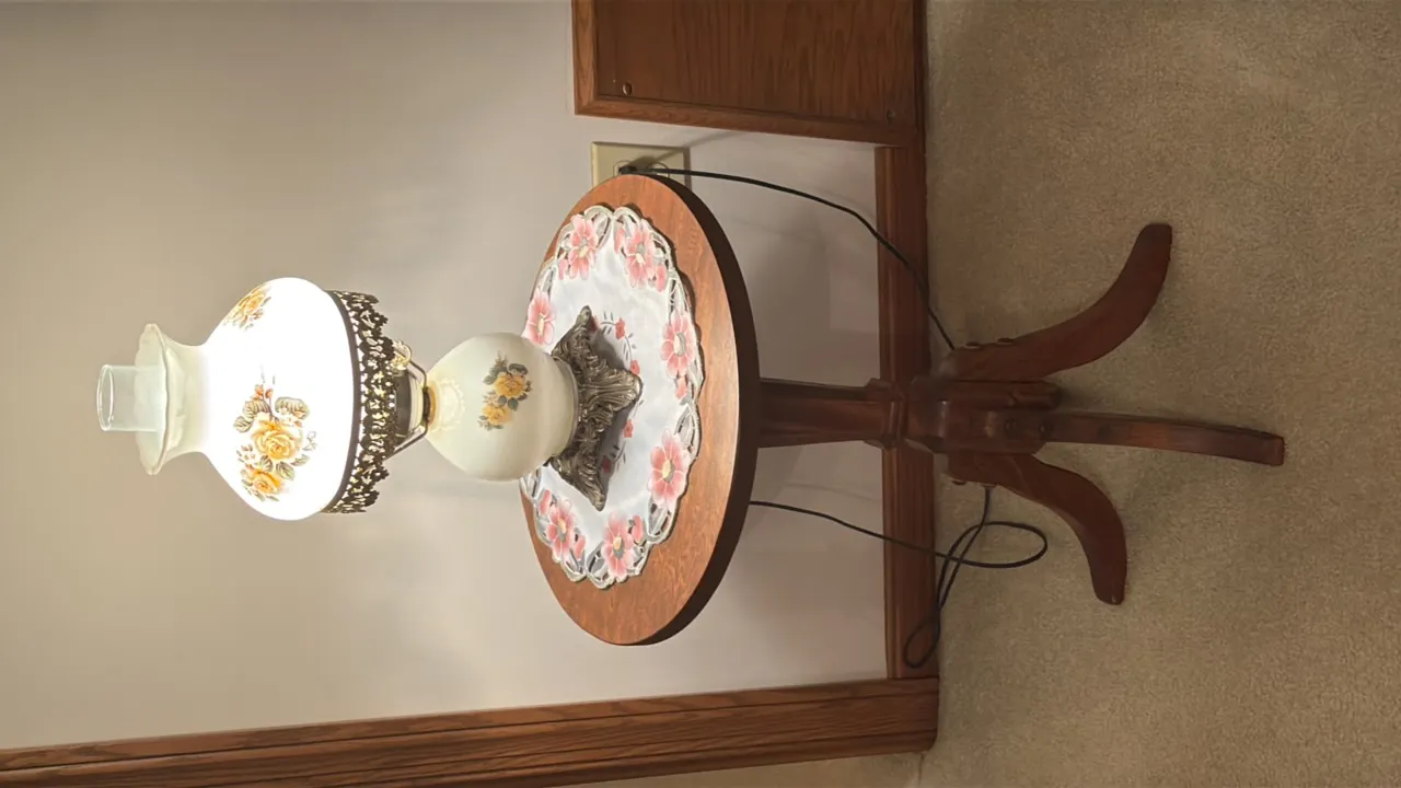 VINTAGE MILK-GLASS HURRICANE LAMP AND WOODEN ACCENT TABLE