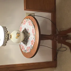 VINTAGE MILK-GLASS HURRICANE LAMP AND WOODEN ACCENT TABLE
