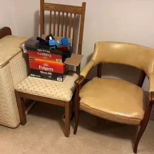PAIR OF CHAIRS, CARD TABLE, VINTAGE HAMPER, ASSORTMENT OF EMPTY JEWELRY BOXES