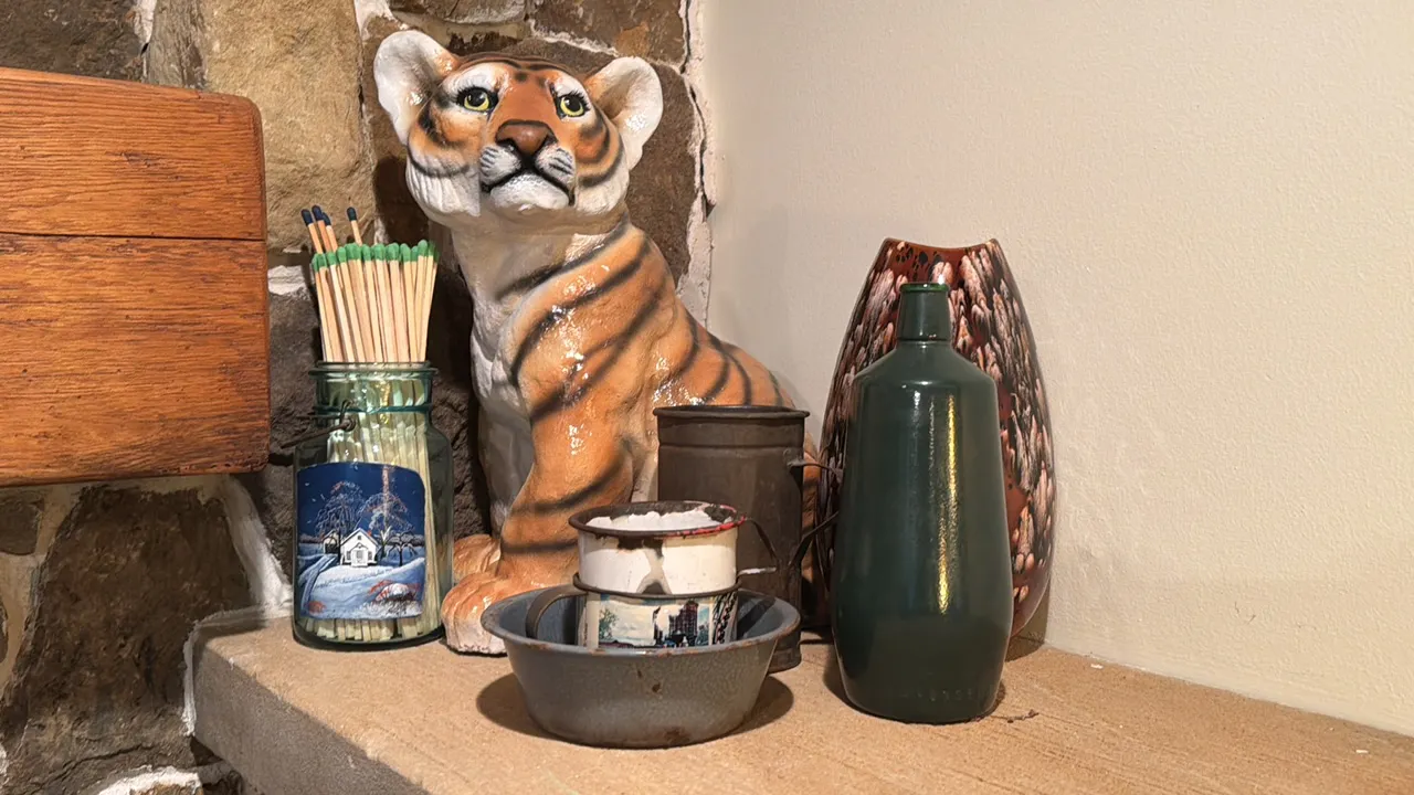 CERAMIC TIGER | CERAMIC VASES | TIN CUPS AND BOWL | LONG MATCHES