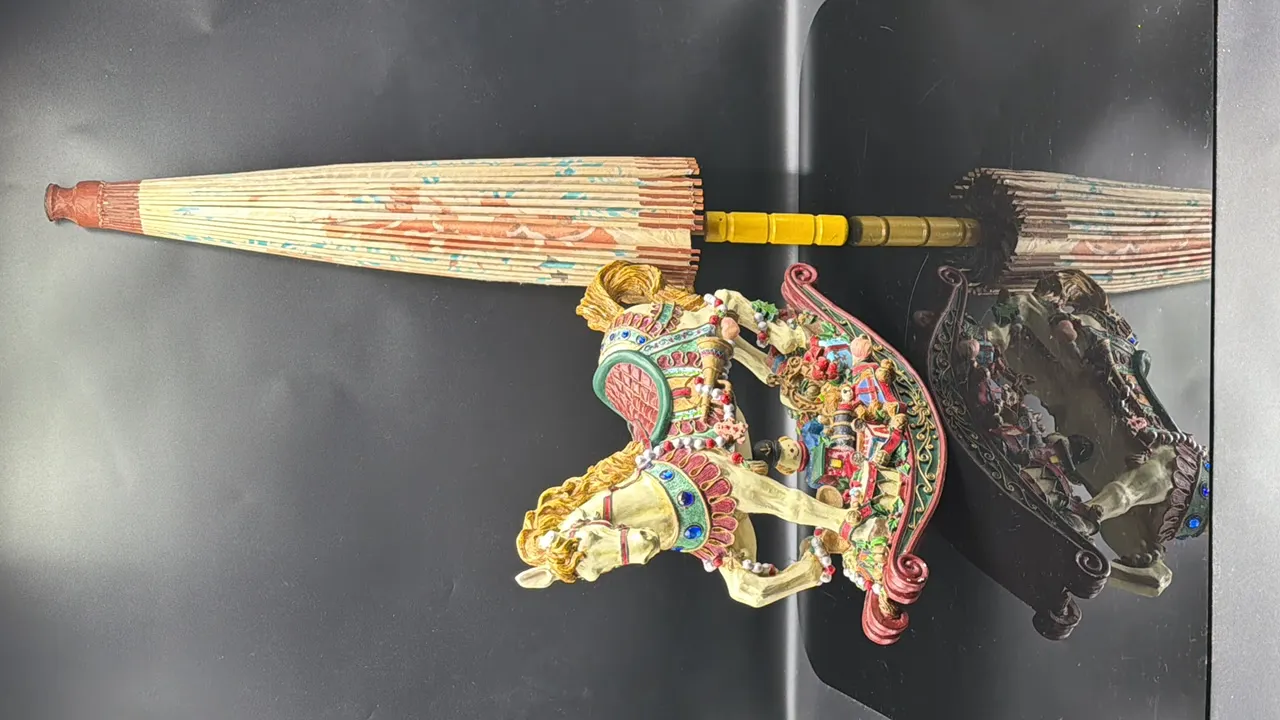 VINTAGE ORIENTAL HAND-PAINTED PAPER AND BAMBOO PARASOL AND CHRISTMAS ROCKING HORSE FIGURINE