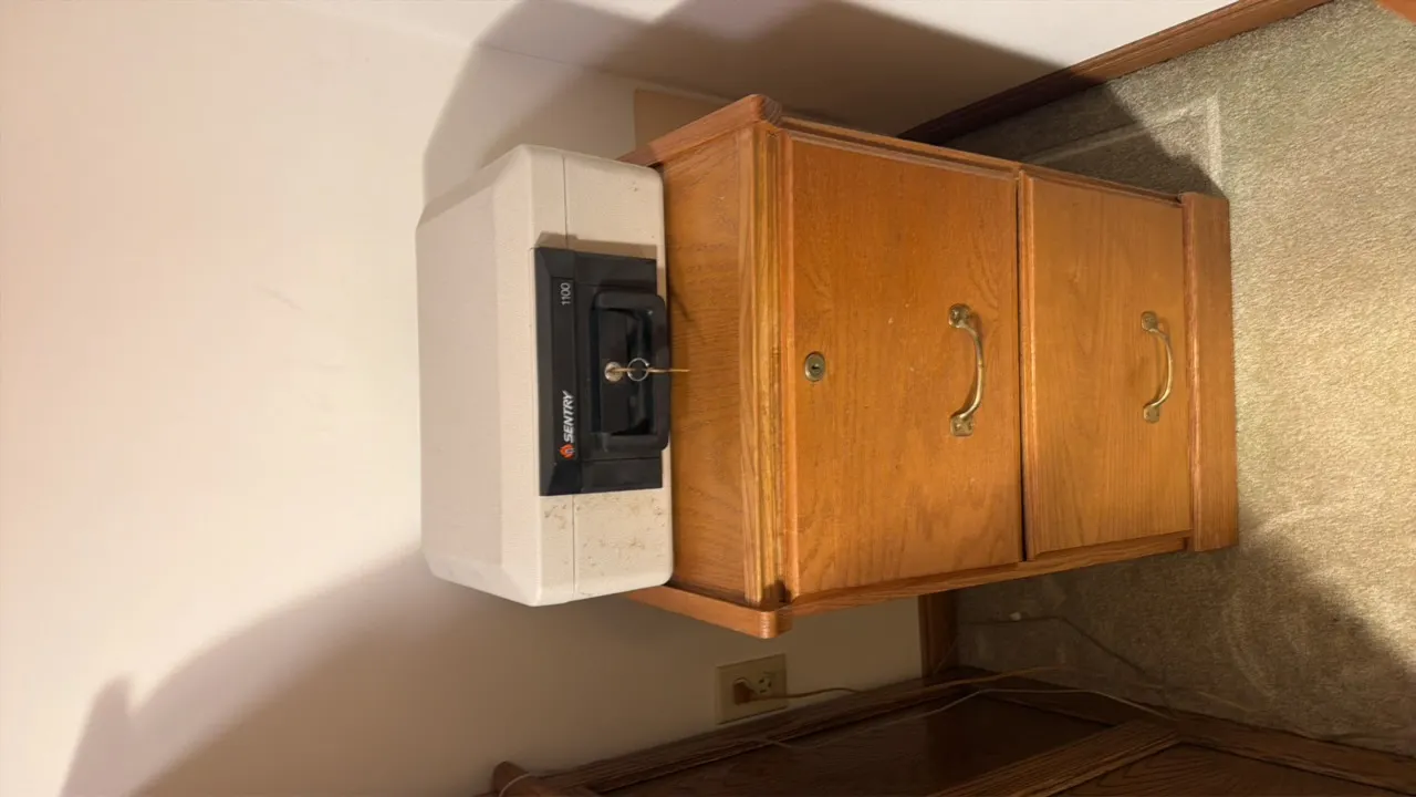 OAK FILE CABINET AND SENTRY 1100 SAFE BOX