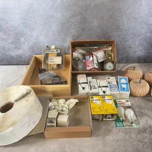 Bulk Electrical & Hardware Lot Including Light Bulbs, Sockets, & More