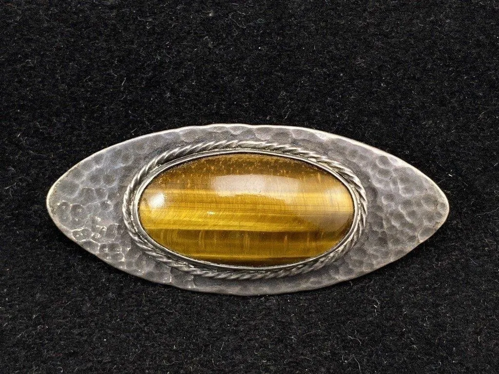 Chatoyant Oval Tiger's Eye Hand Hammered Brooch
