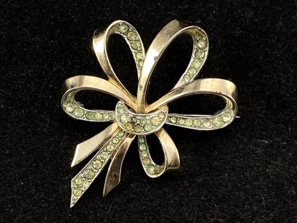 Marcel Boucher Ribbon Brow Green Crystal Brooch