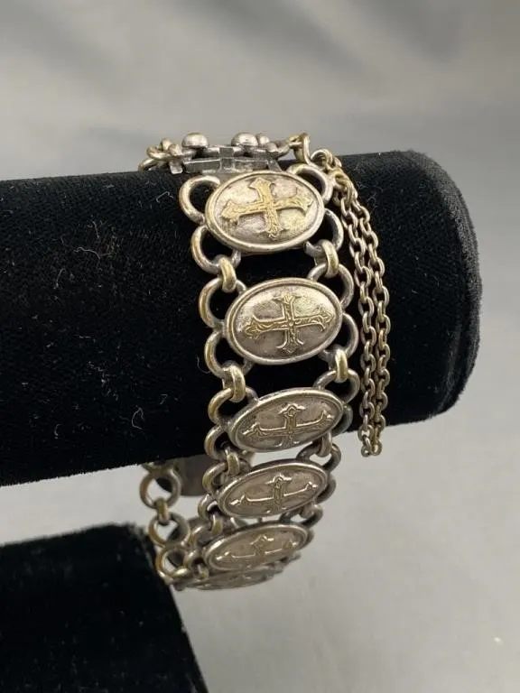 Vintage Latin Cross Panel & Chain Bracelet