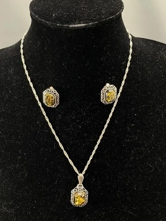 Celtic Sterling Amber Pendant & Earrings