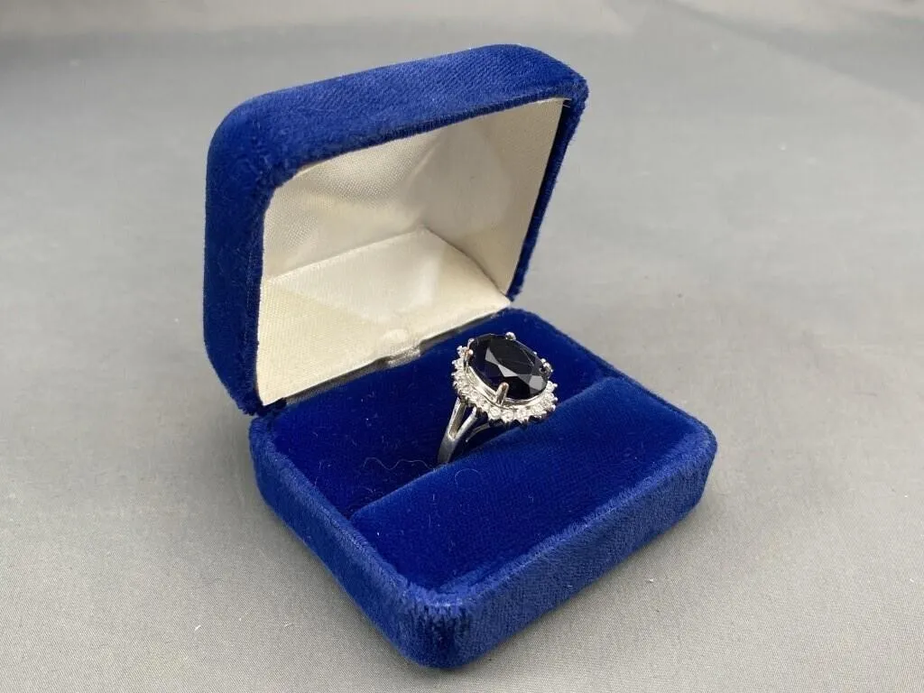 Silver Tone Blue Sapphire & Cubic Zirconia Ring