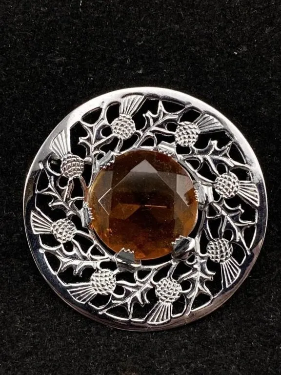 Mizpah Faux Amber Scottish Thistle Brooch