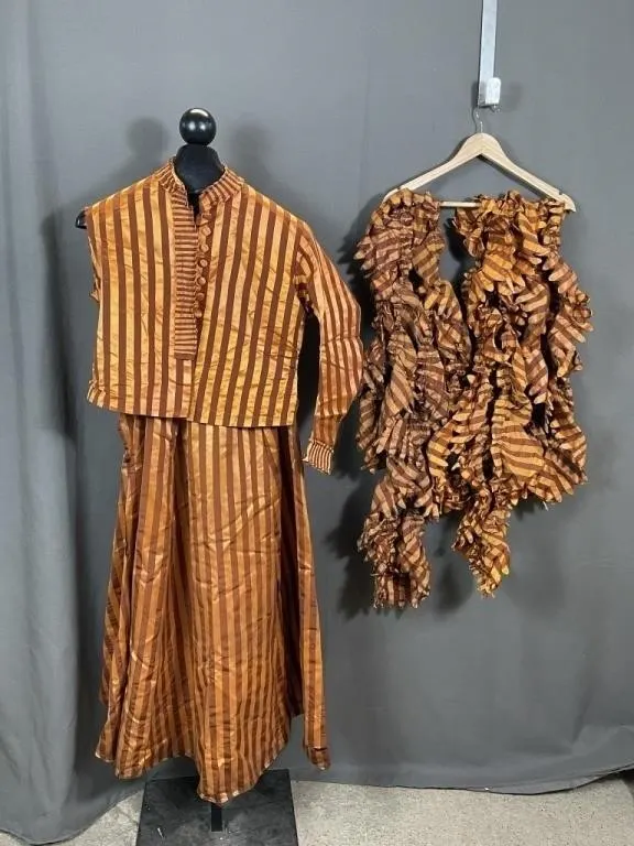 19th C Orange Burnt Orange Stripe 2 Pc Dress