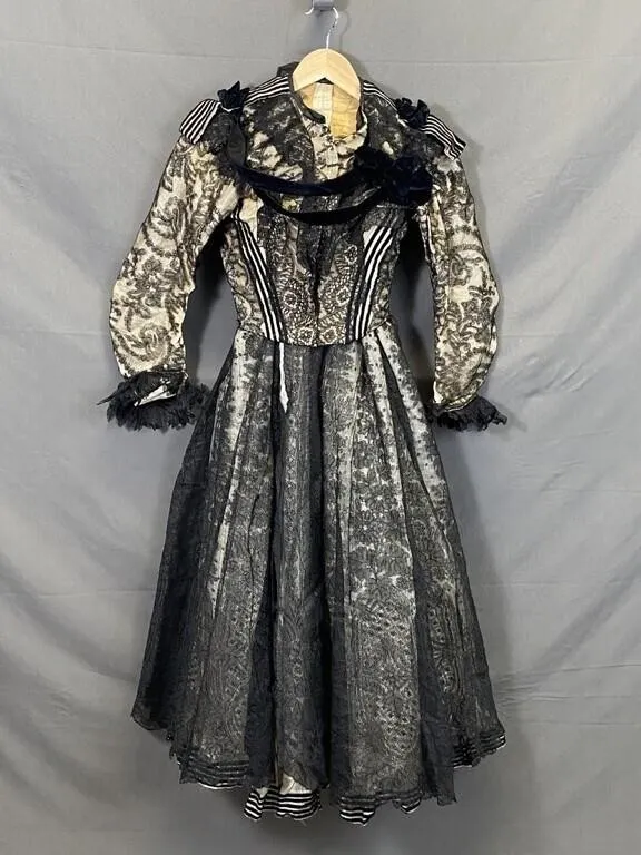19th C Black Lace Over Cream Satin Dress