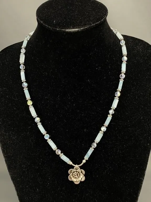 Sterling Silver Aquamarine Beaded Poppy Necklace