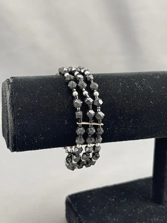 Silver Ball Multi Strand Beaded Jet Bracelet