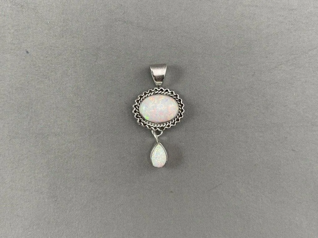 Sterling Silver Beaded Pendant w 2 Opals