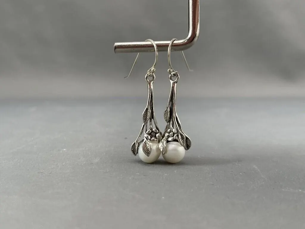 Sterling Silver Pearl Drop Floral Israel Earrings