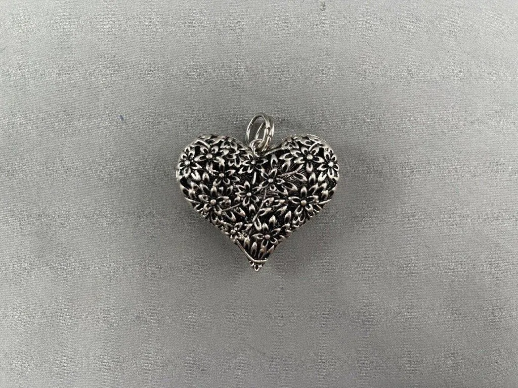 Large Floral Filigree Silver Tone Heart Pendant