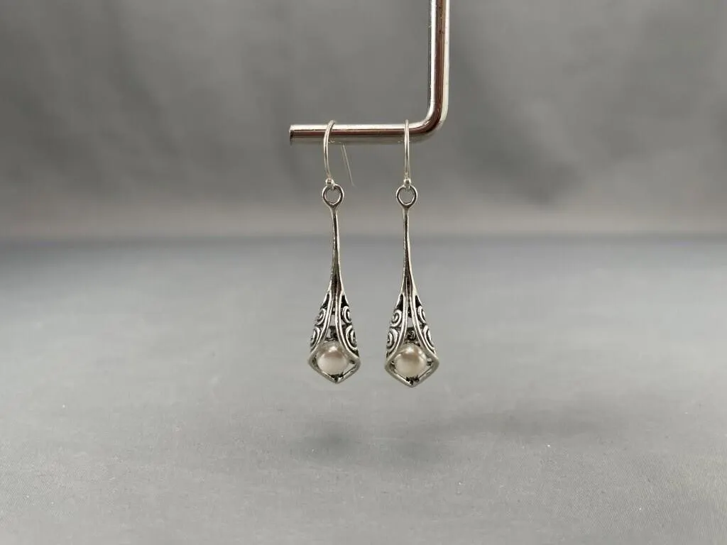 Sterling Silver Heavy Filigree Pearl Drop Earrings