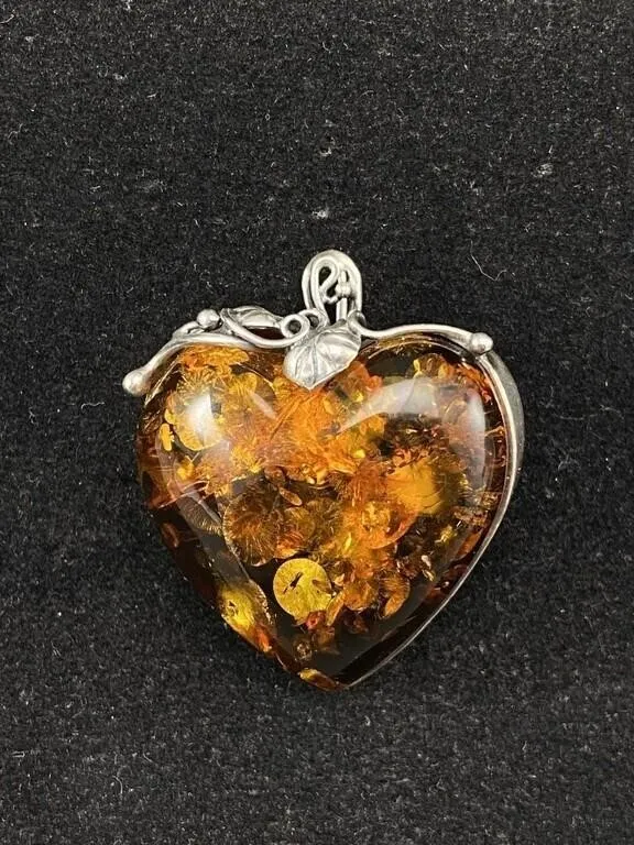 Large Sterling Silver Amber Heart Pendant