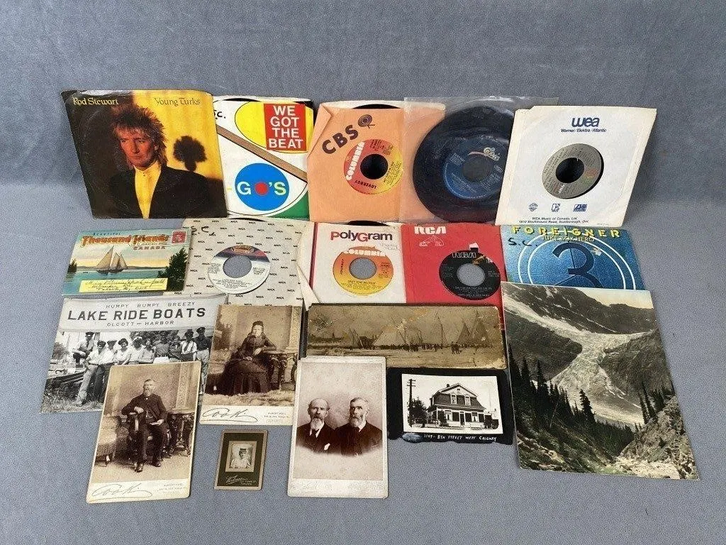 Grouping of Antique Photos Postcards & 45 Records