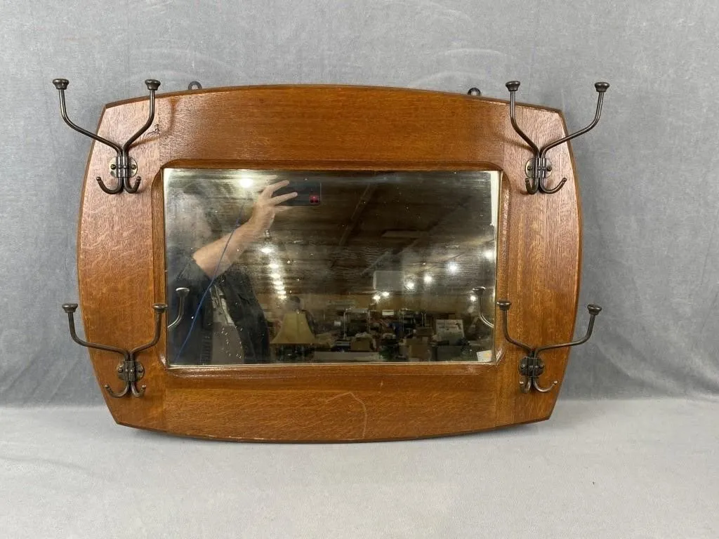 C1910 Quarter Cut Oak Mirror & Hooks