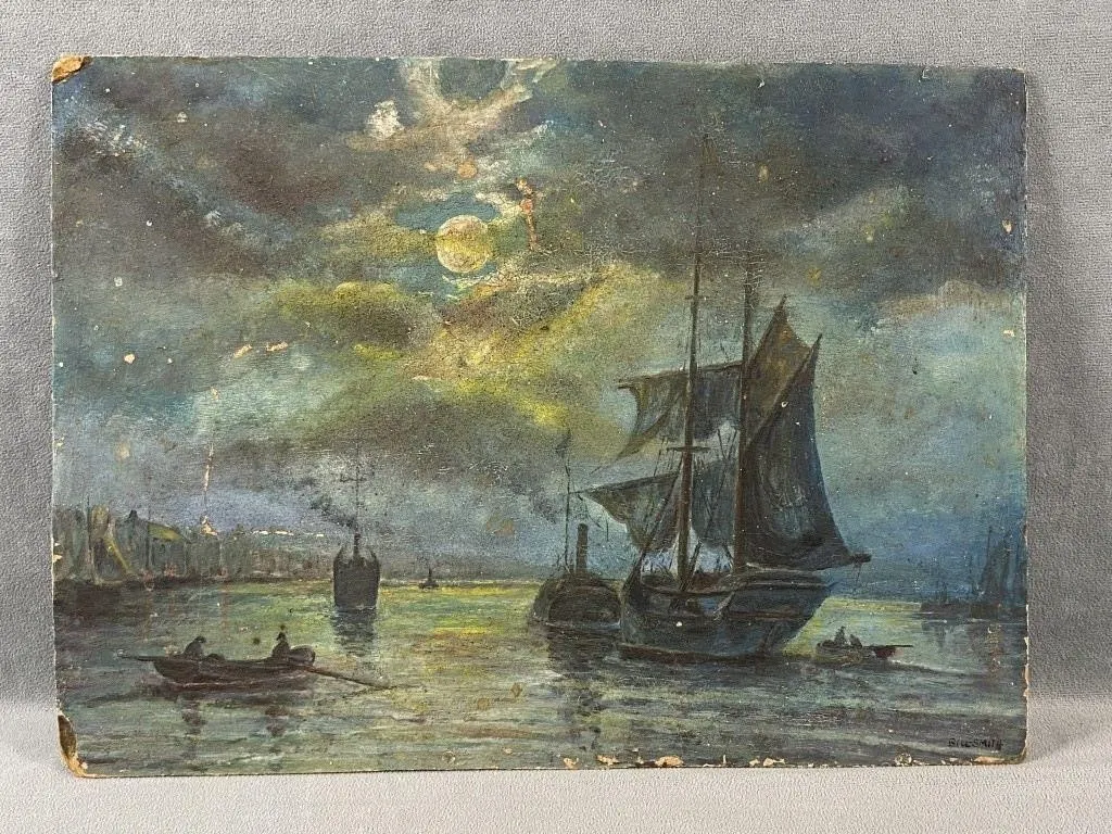 C1950s Sailing Ships at Twilight Oil by B. Smith