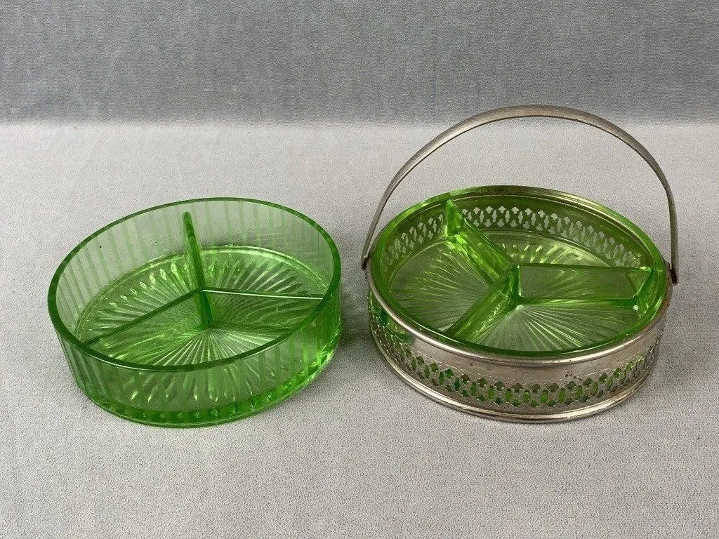 Pair Green Glass Depression Relish Dish